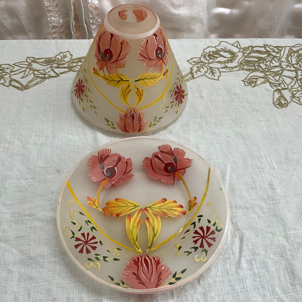 Vintage Yankee Candle Hand Painted Floral Shade Plate Set Pink Poppy Fairy Lamp - Picture 2 of 8